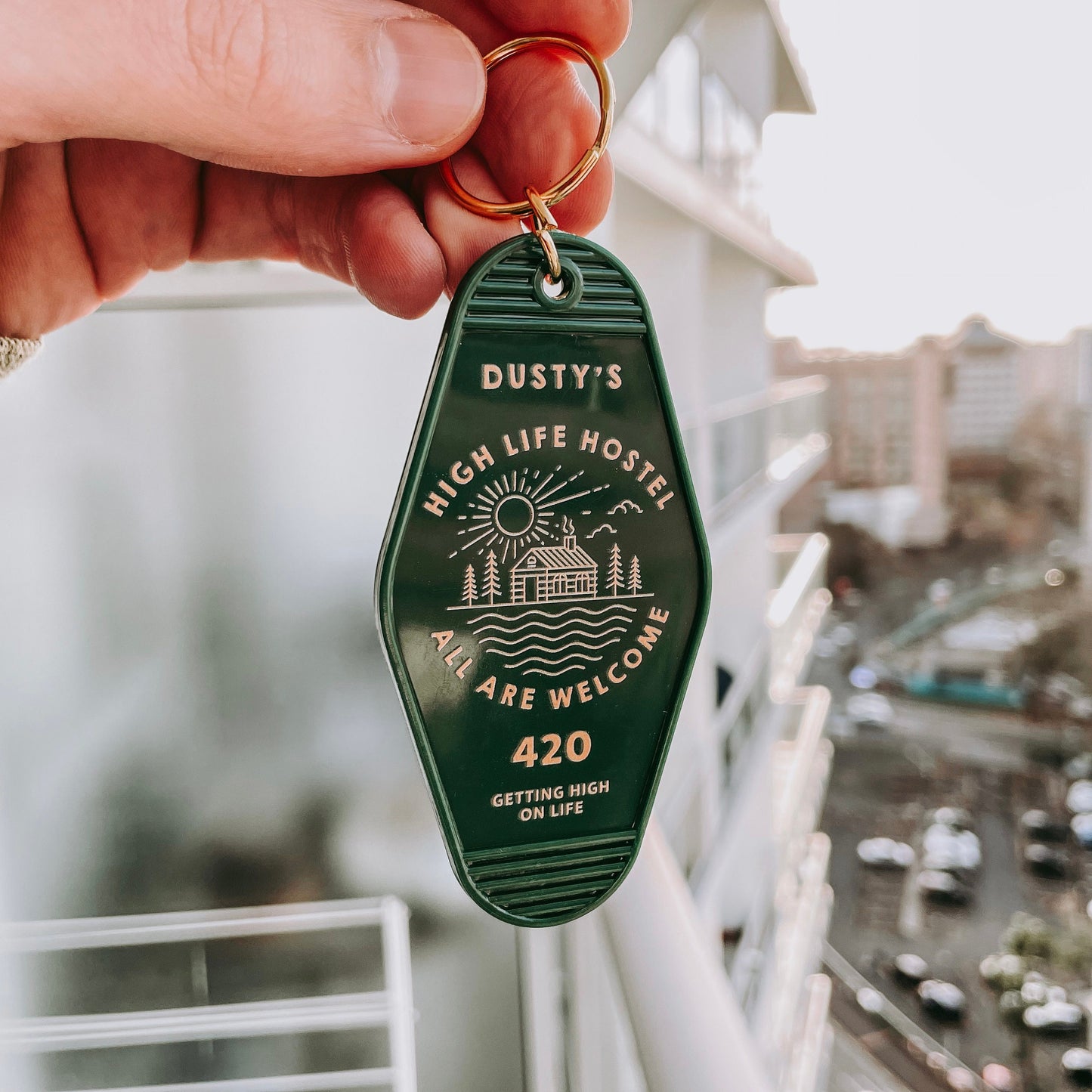 High Life Hostel Motel Keychain
