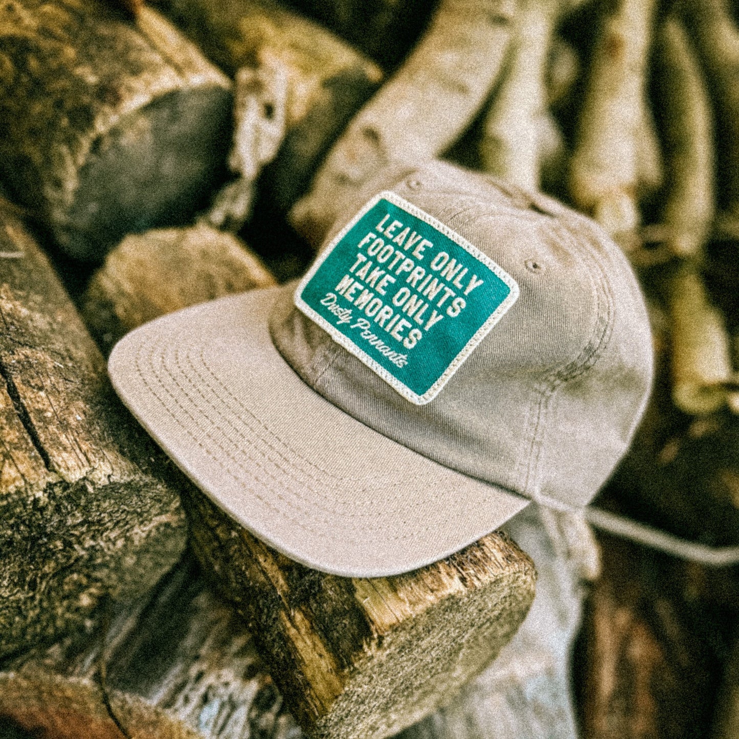 Footprints & Memories Patch Cap | faded unstructured vintage style khaki baseball hat.
