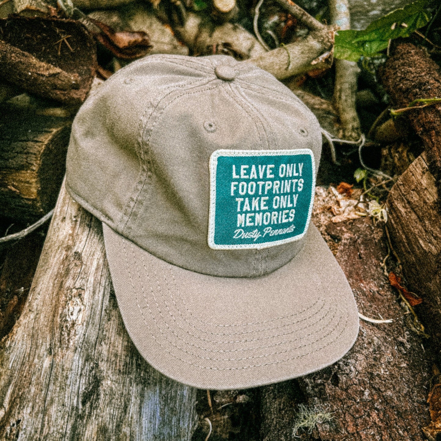 Footprints & Memories Patch Cap | faded unstructured vintage style khaki baseball hat.