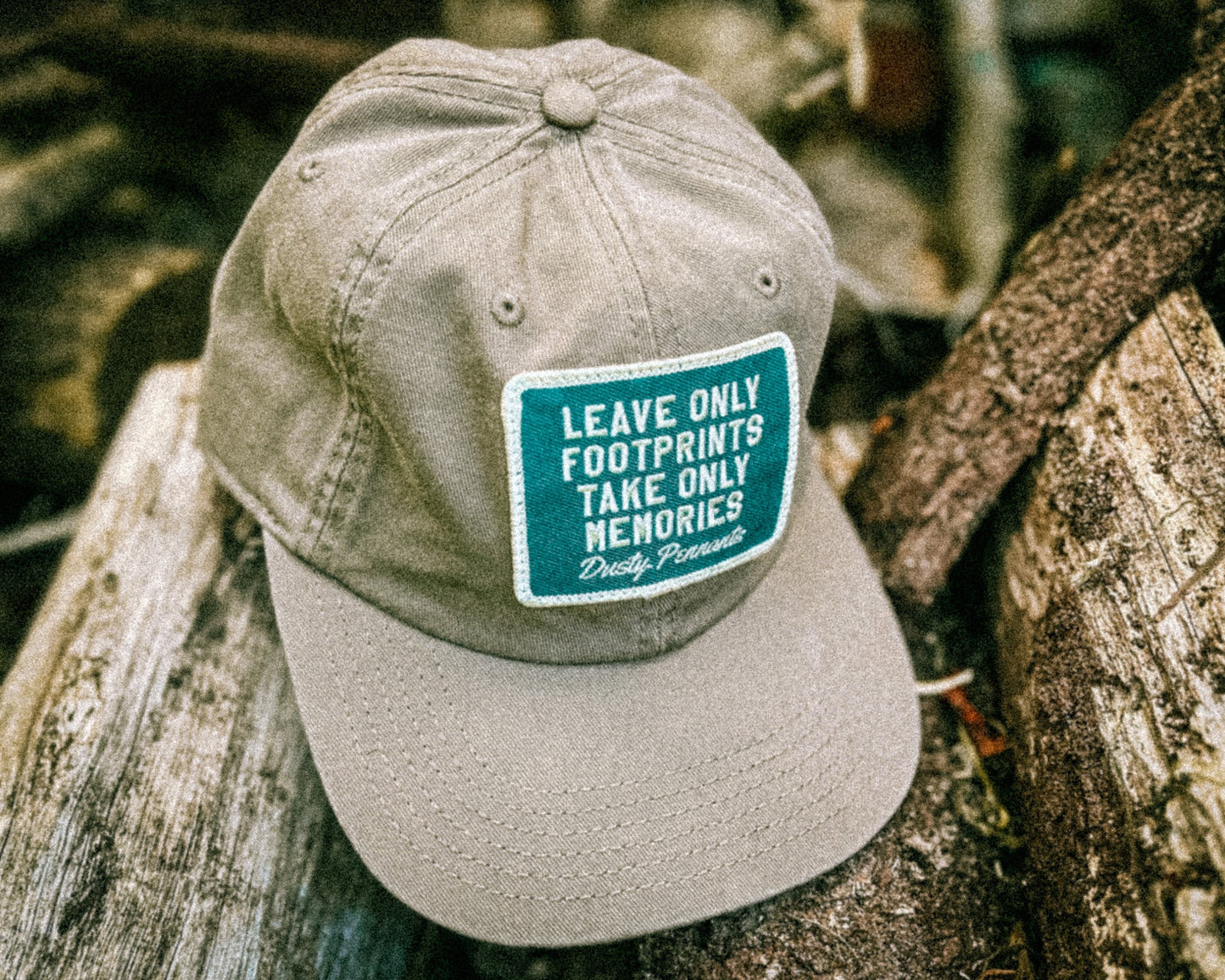 Footprints & Memories Patch Cap | faded unstructured vintage style khaki baseball hat.