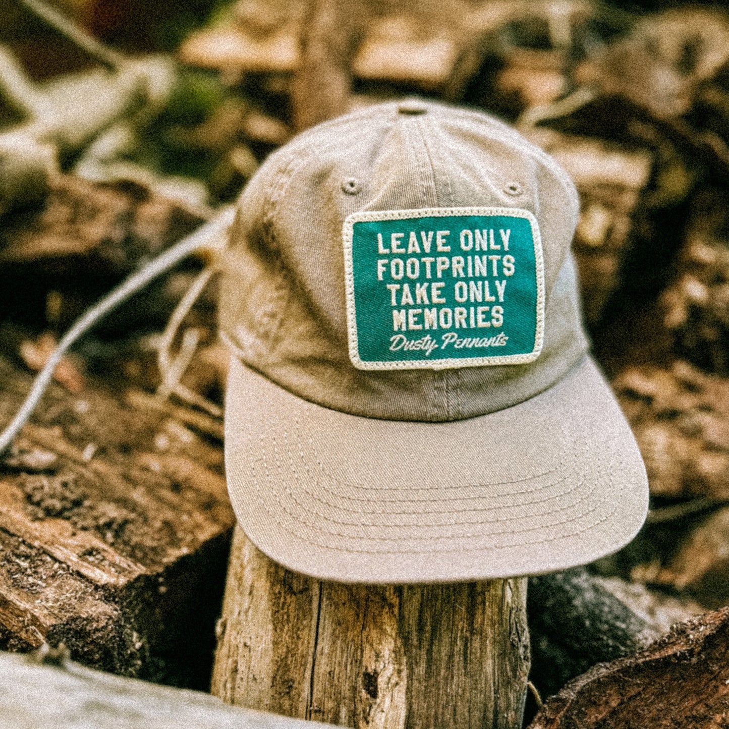 Footprints & Memories Patch Cap | faded unstructured vintage style khaki baseball hat.